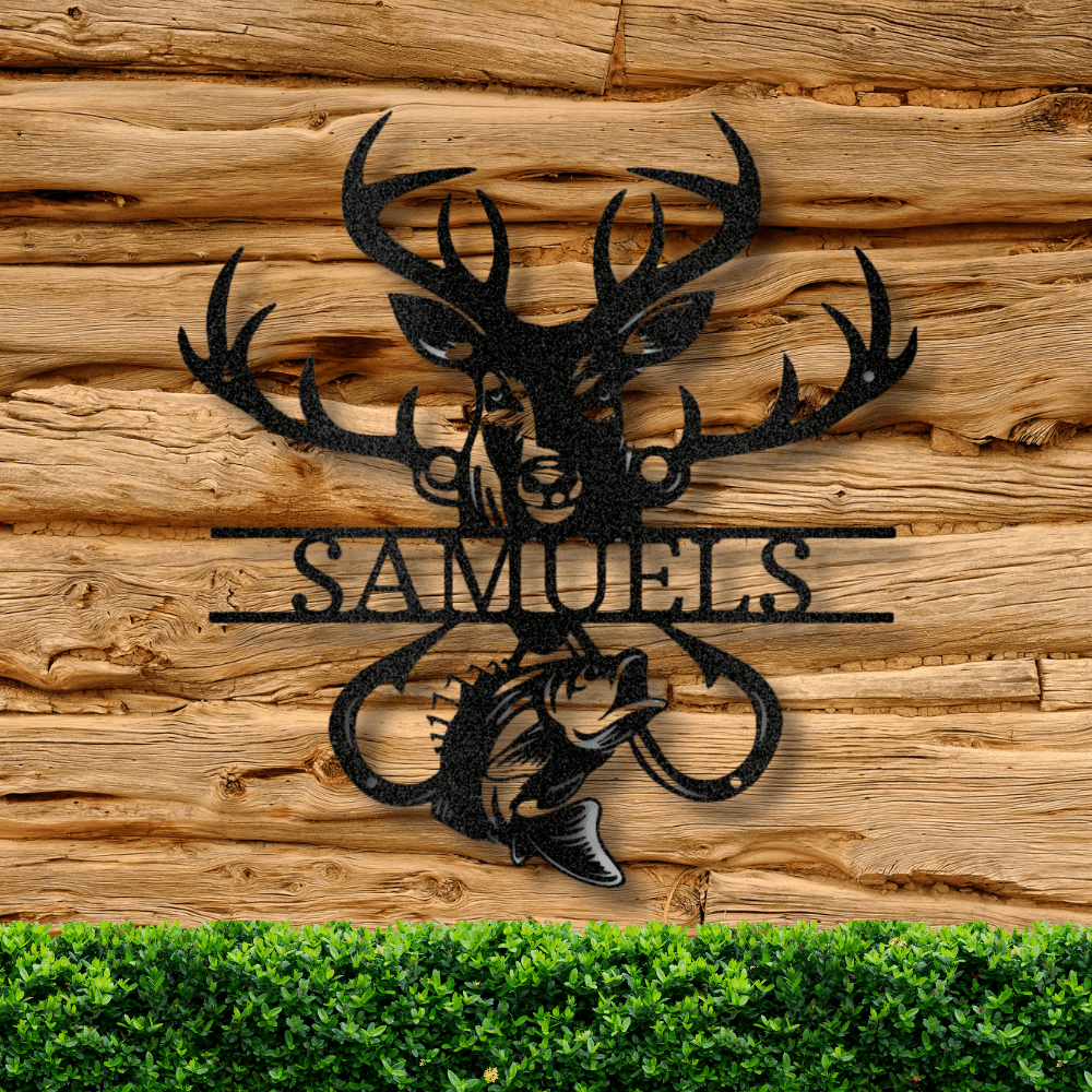 Personalized Deer Bass Name Metal Sign, Customized Outdoorsman Monogram, Hobbies Gift, Hunter Fisherman Gift, Cabin Metal Décor, Name Plaque Gift For Him - Family Gear Collections
