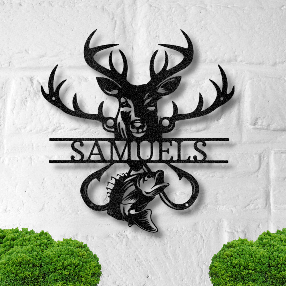 Personalized Deer Bass Name Metal Sign, Customized Outdoorsman Monogram, Hobbies Gift, Hunter Fisherman Gift, Cabin Metal Décor, Name Plaque Gift For Him - Family Gear Collections