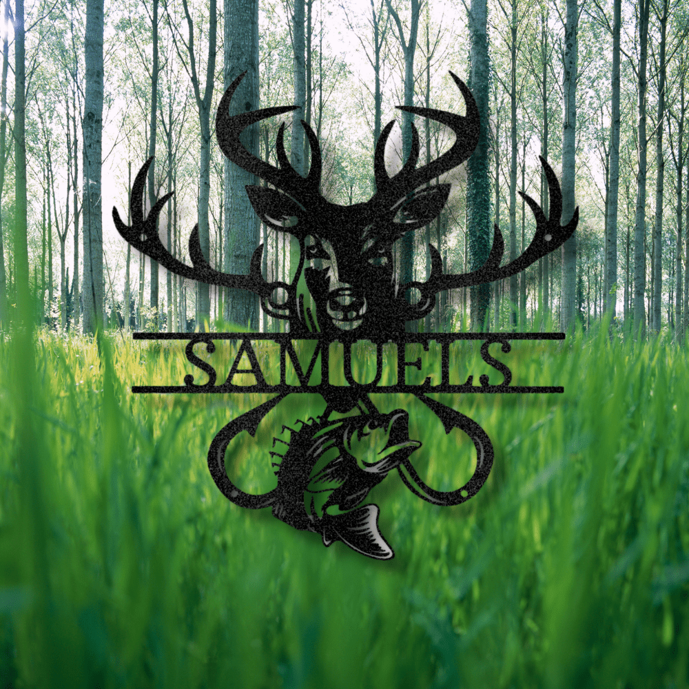 Personalized Deer Bass Name Metal Sign, Customized Outdoorsman Monogram, Hobbies Gift, Hunter Fisherman Gift, Cabin Metal Décor, Name Plaque Gift For Him - Family Gear Collections