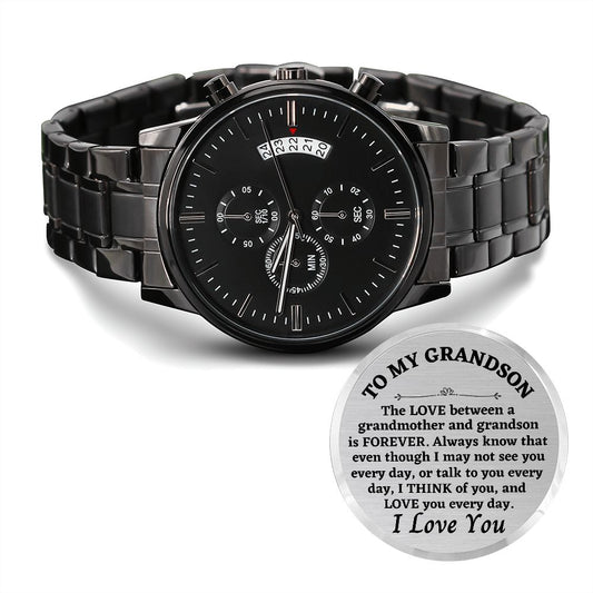 To My Grandson Engraved Design Black Chronograph Watch, Birthday Gift, Christmas Gift For Him. - Family Gear Collections
