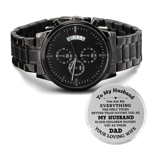 To My Husband, Engraved Design Black Chronograph Watch, Christmas Gift, Birthday Gift, From Loving Wife. - Family Gear Collections