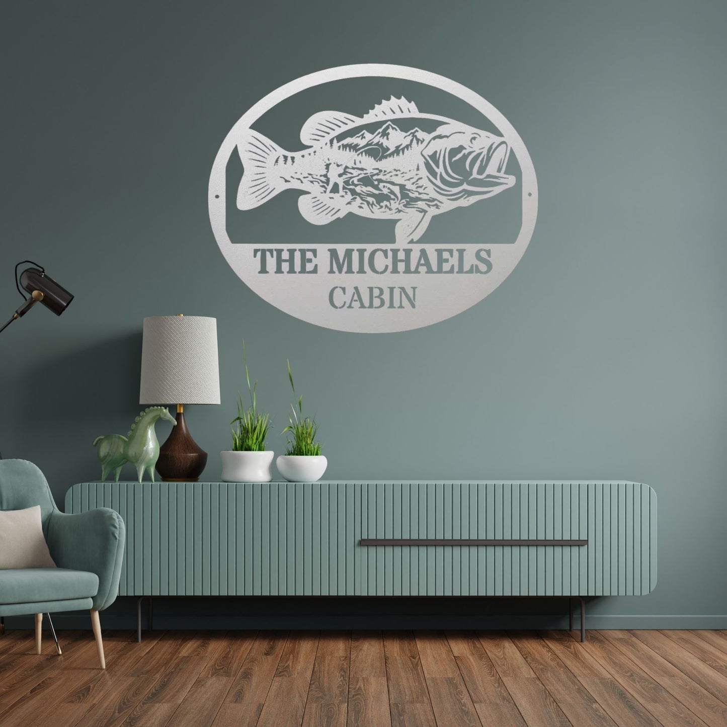 Personalized Fish Metal Wall Art Mountain Landscape Decor, Custom Family Name Sign, Lake House Decor, Fisherman Gift, Cabin Metal Sign