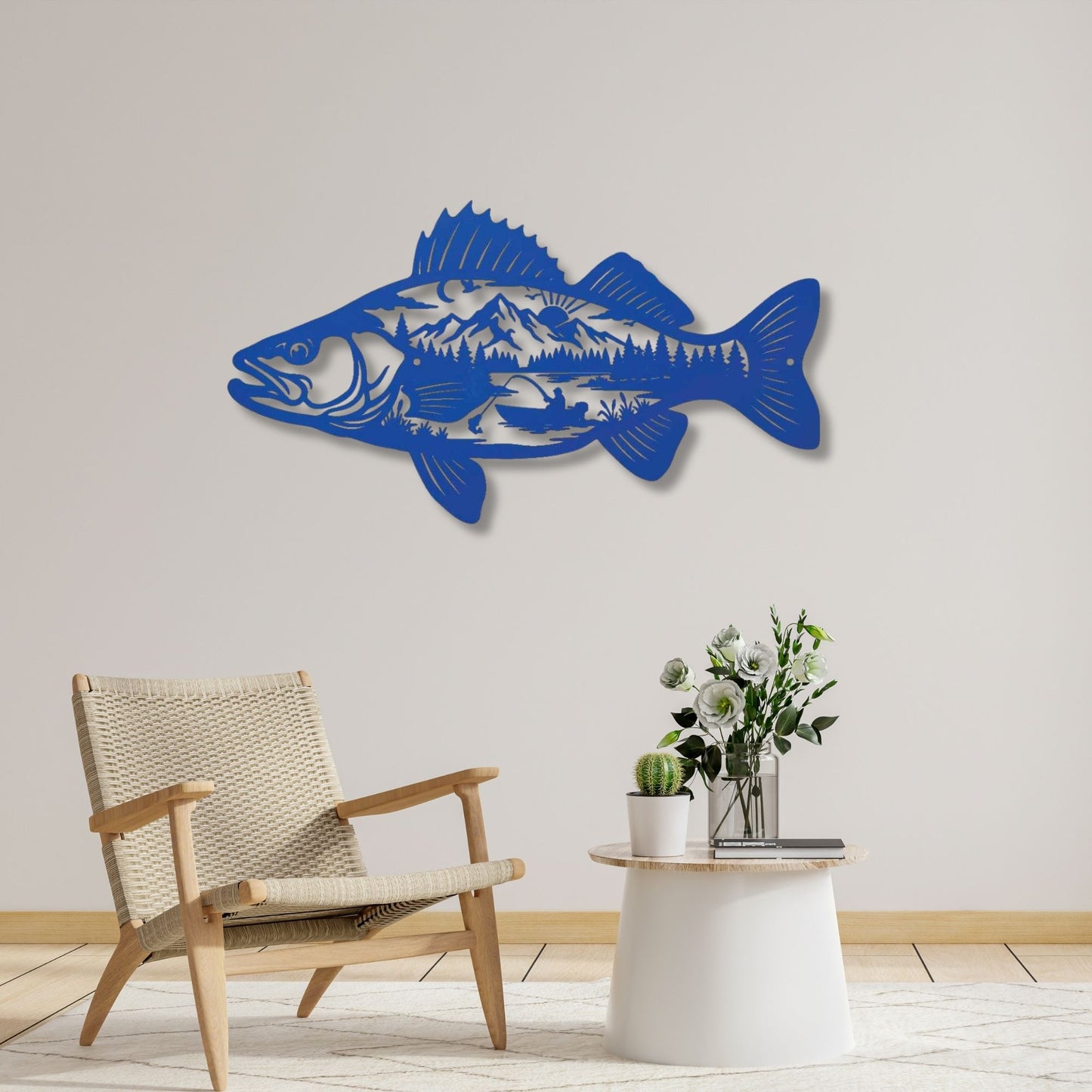 Metal Fish Wall Art Mountain Scene, Fisherman Gift for Men, Lake House Decor, Bass Metal Sign, Cabin Wall Art, Outdoorsman Gift for Dad