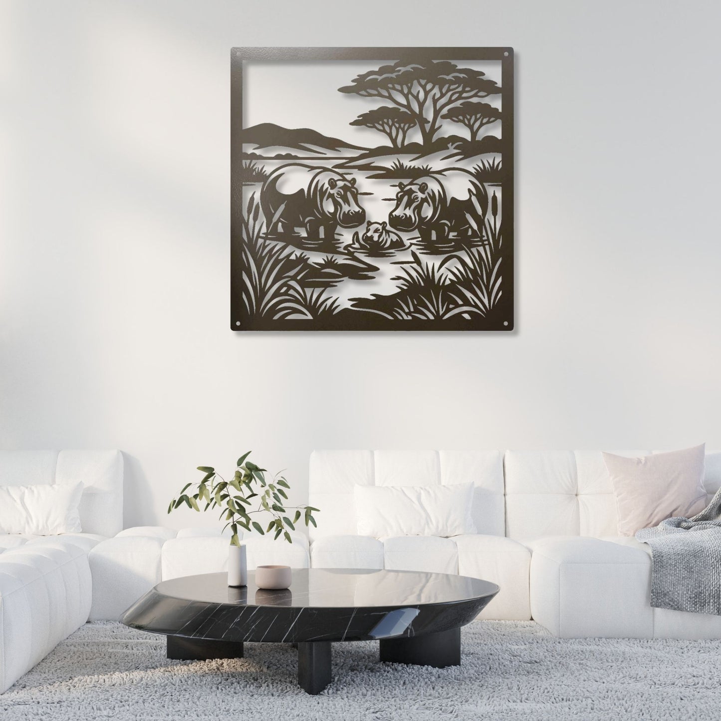 Savannah Hippo Metal Art, African Safari Wall Decor, Hippopotamus Silhouette Sign, Housewarming Gift for Wildlife Lovers, Serengeti River Scene