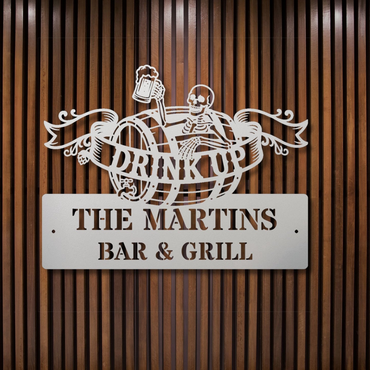 Personalized Beer Barrel Skeleton Metal Wall Art Sign | Custom Metal Bar Sign | Skeleton Drinking Decor | Outdoor Patio Bar Sign | Man Cave Wall Art Gift
