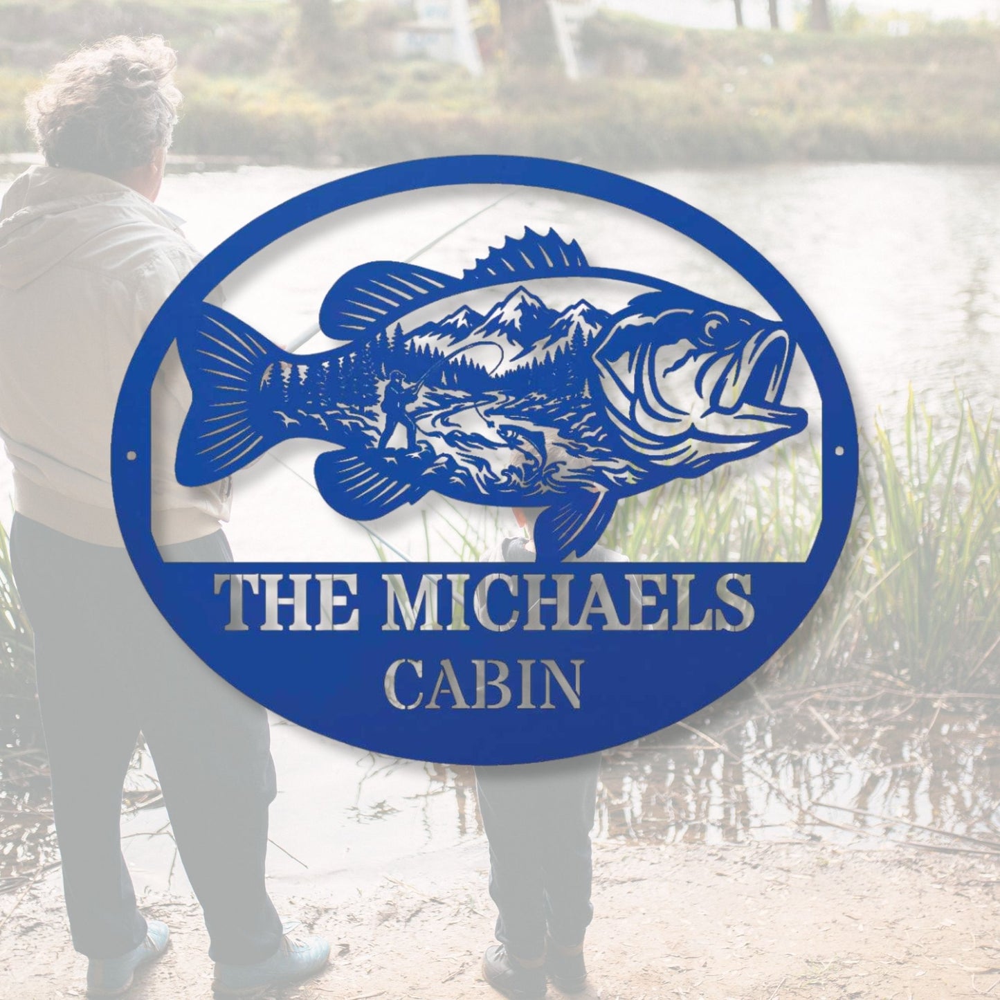 Personalized Fish Metal Wall Art Mountain Landscape Decor, Custom Family Name Sign, Lake House Decor, Fisherman Gift, Cabin Metal Sign