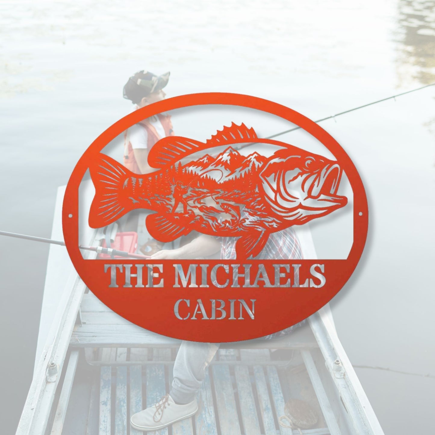 Personalized Fish Metal Wall Art Mountain Landscape Decor, Custom Family Name Sign, Lake House Decor, Fisherman Gift, Cabin Metal Sign