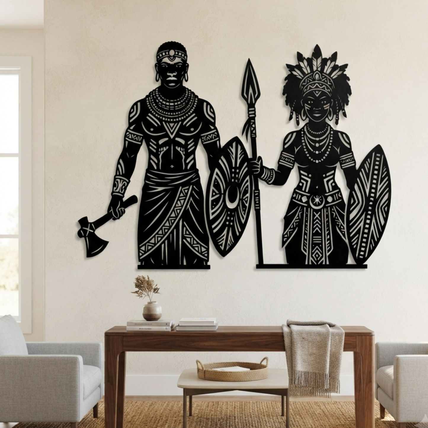 African Warrior Metal Wall Art, black steel, spear and shield, patio decor