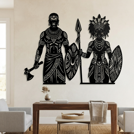 African Warrior Metal Wall Art, black steel, spear and shield, patio decor