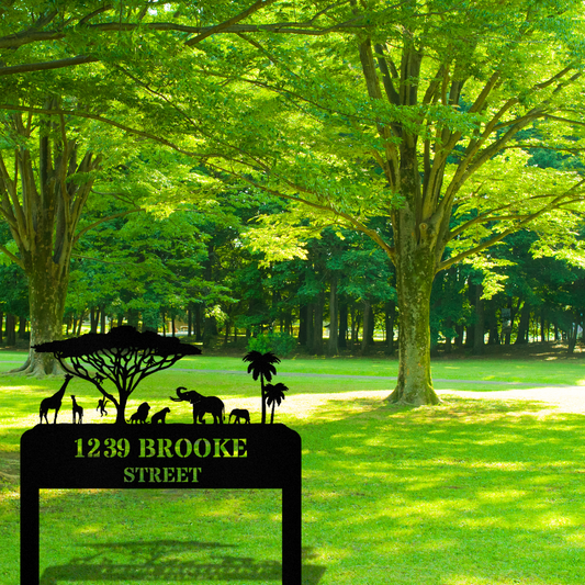 African Savannah Address Stake Sign, African Animals Metal Sign Metal House Numbers Outdoor Address Sign, Girraffe Elephant Monkey Lion Sign