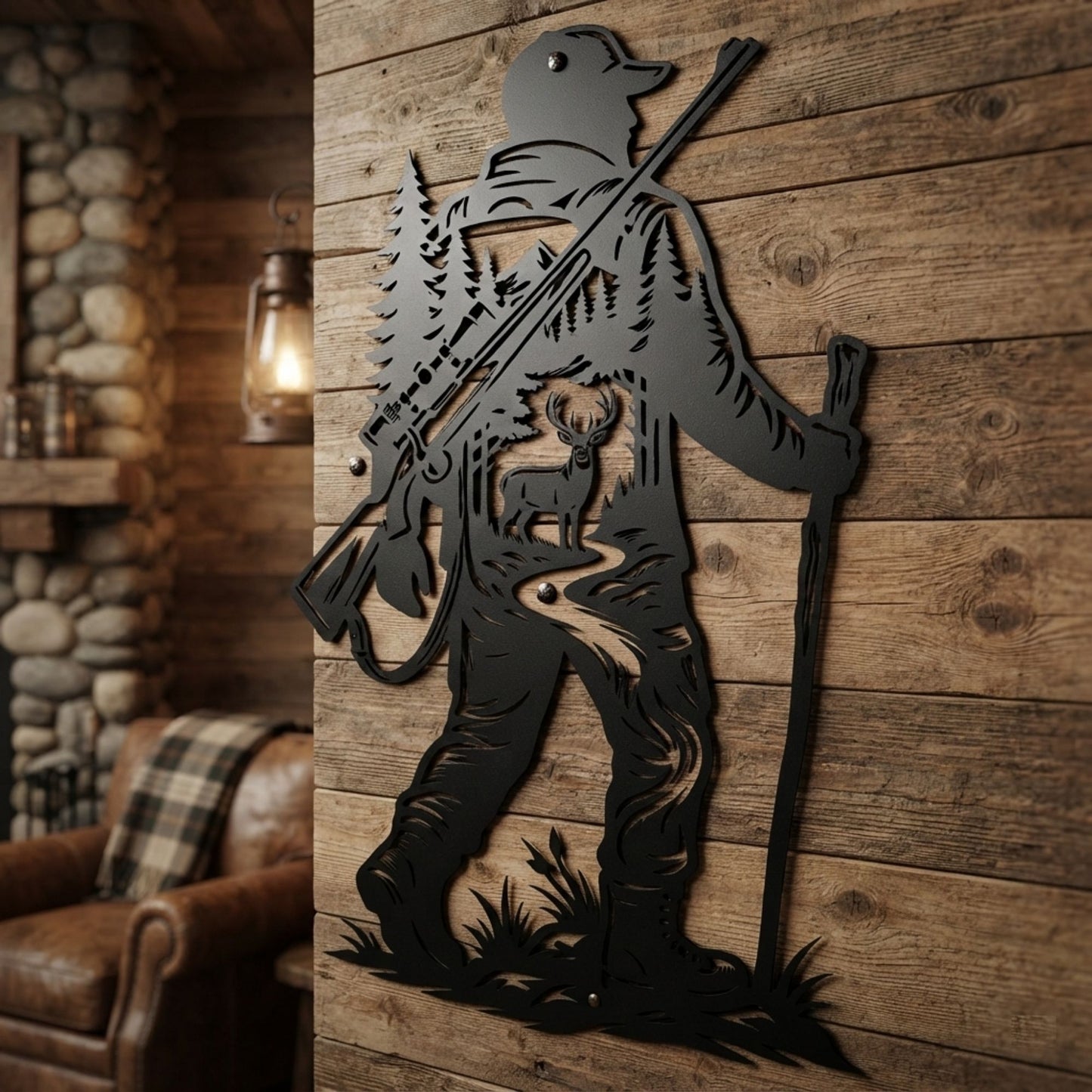 Metal Hunter Wall Decor with Deer, Pine Tree Forest Silhouette, Rustic Hunting Lodge Art, Outdoor Wildlife Wall Hanging