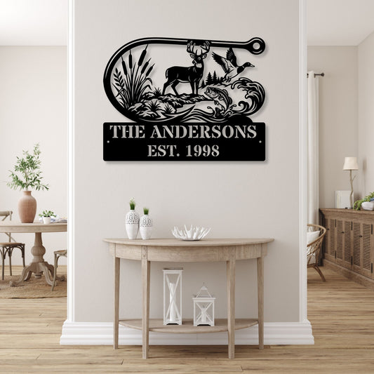 Custom Fishing Hook Metal Sign, Personalized Family Name Plaque, Outdoor Cabin Sign, Lake House Address Marker, Custom Fisherman Gift