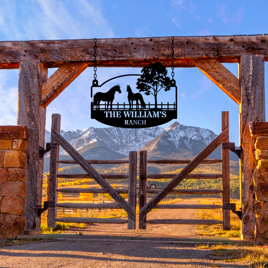 Custom Horse Ranch Hanging Metal Sign, Horse Stable Decor, Personalized Ranch Sign, Equestrian Cowboy Decor, Western Metal Art, Horse Farm