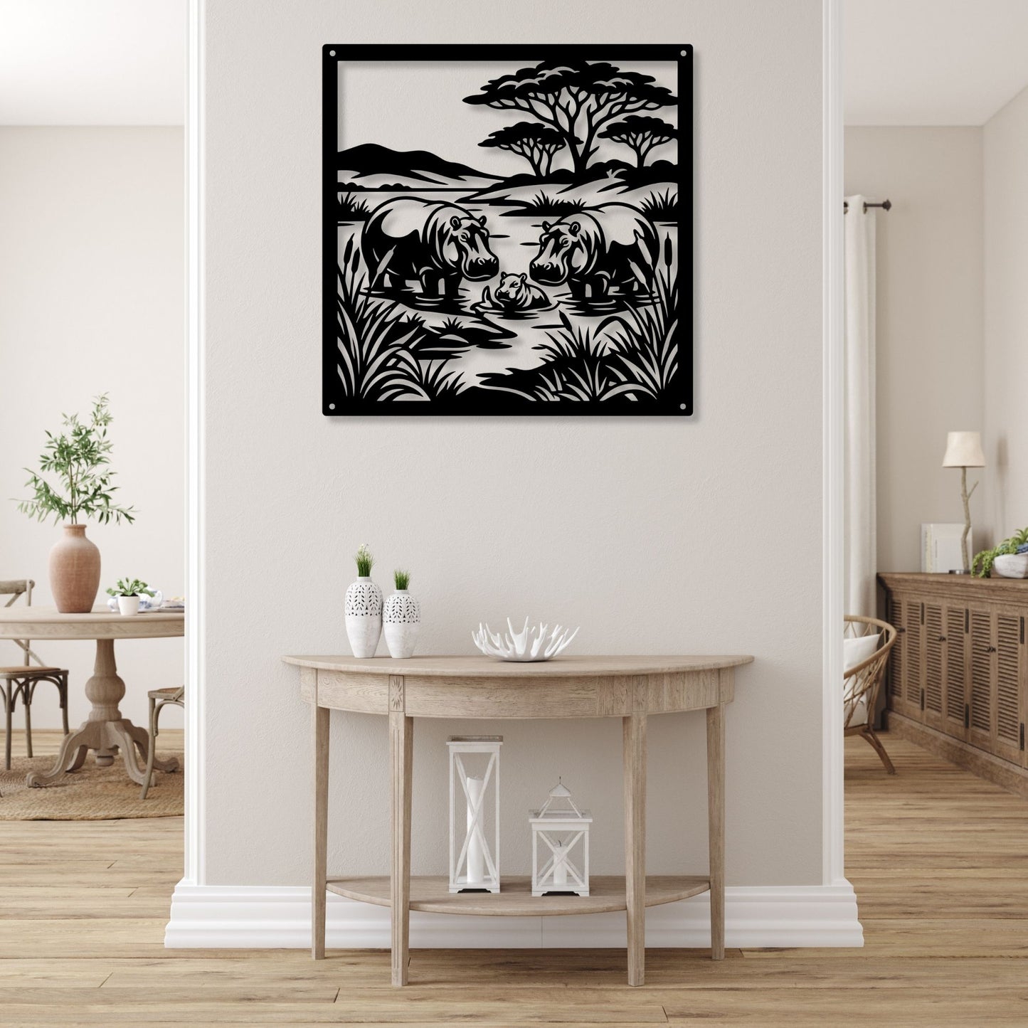 Savannah Hippo Metal Art, African Safari Wall Decor, Hippopotamus Silhouette Sign, Housewarming Gift for Wildlife Lovers, Serengeti River Scene