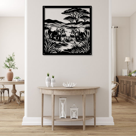 Savannah Hippo Metal Art, African Safari Wall Decor, Hippopotamus Silhouette Sign, Housewarming Gift for Wildlife Lovers, Serengeti River Scene