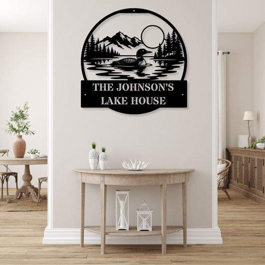 Personalized Loon Lake House Metal Sign, Custom Cabin Decor, Metal Wall Art Lake House, Outdoors Wildlife Silhouette, Lodge Gift, Lake Sign