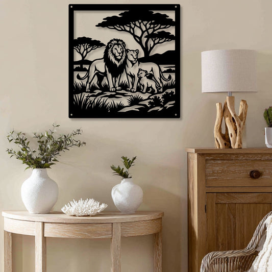 Majestic Lion Metal Wall Art | African Safari Silhouette | Lioness and Cubs Metal Sign | Modern Living Room Decor | Masculine Gift Idea