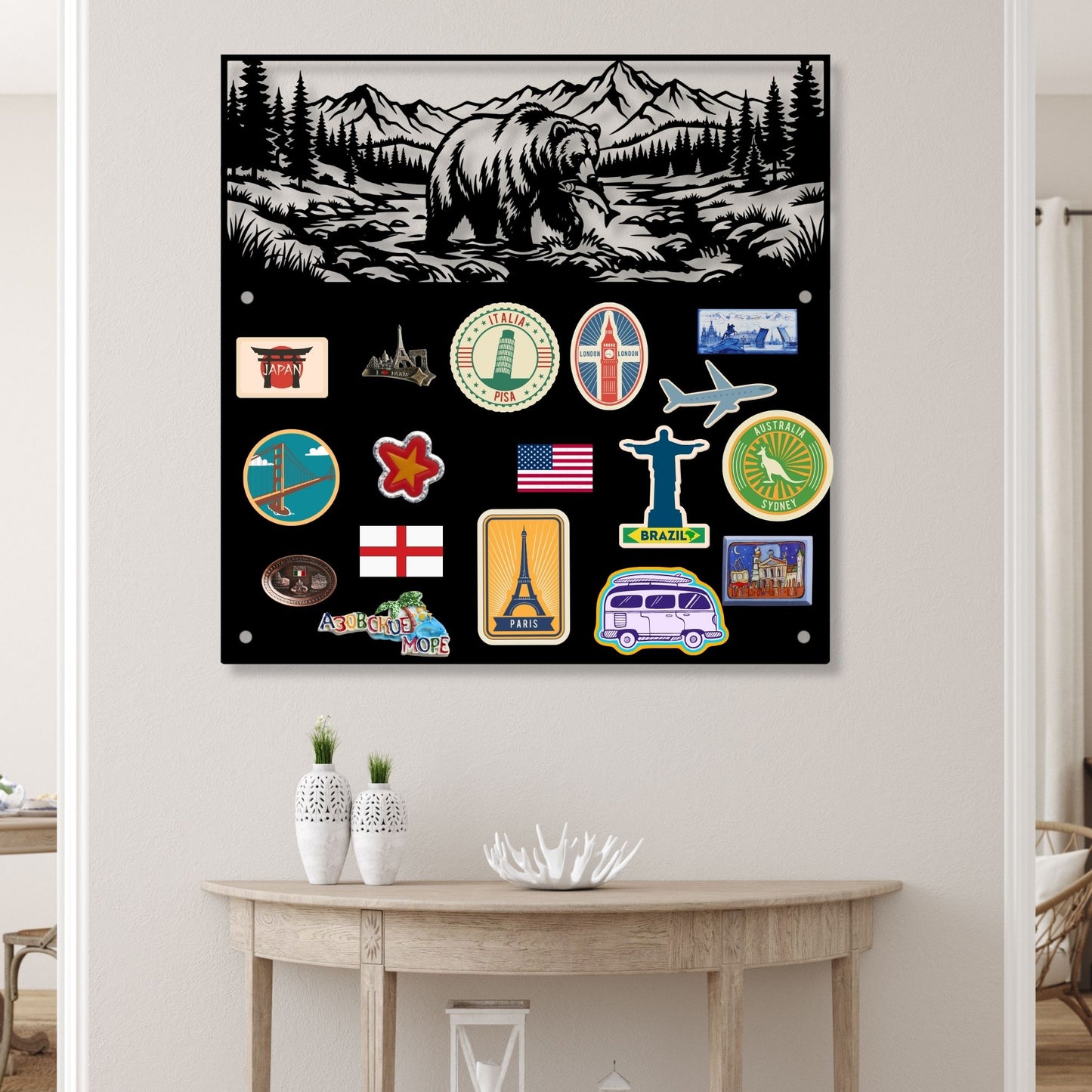 Metal Mountain Bear Travel Magnet Board | Travel Magnet Display Board | Hiking Camping Souvenir Holder | Gift for Outdoors Nature Lover