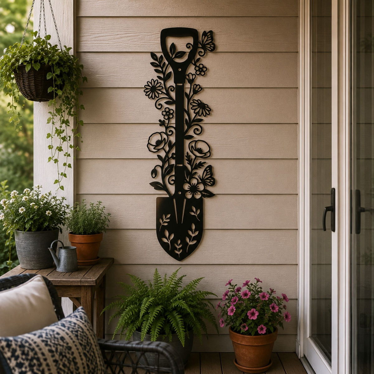 Floral Garden Key & Shovel Metal Wall Art, Rustic Rose Butterfly Decor, Custom Steel Garden Sign, Outdoor Patio Wall Hangings