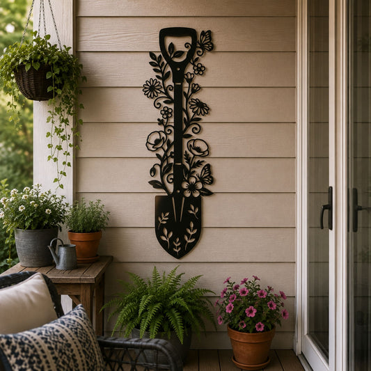 Floral Garden Key & Shovel Metal Wall Art, Rustic Rose Butterfly Decor, Custom Steel Garden Sign, Outdoor Patio Wall Hangings