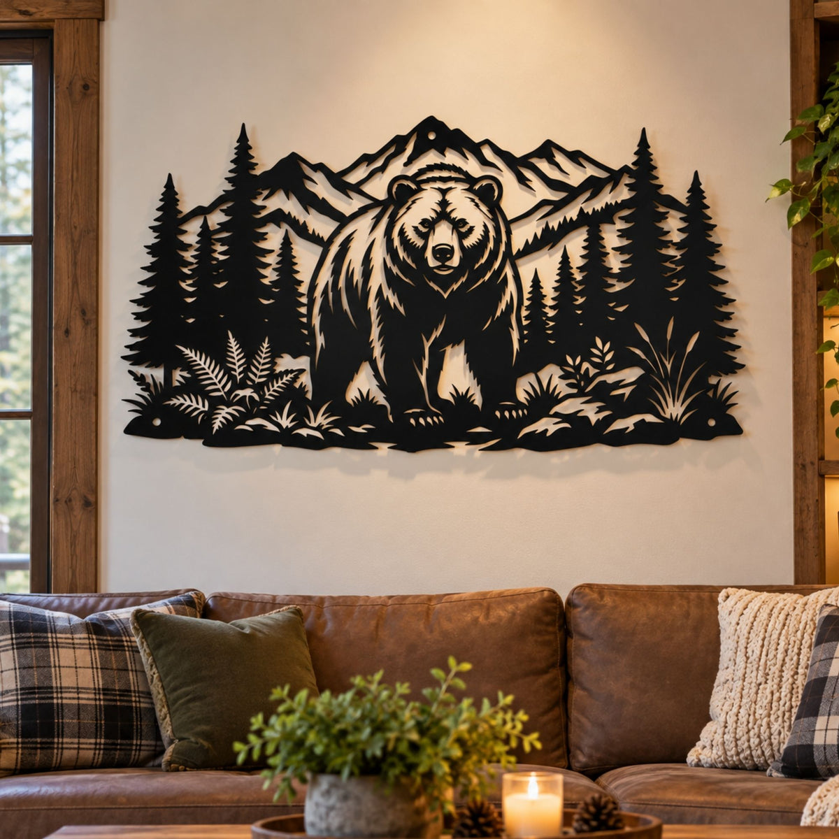 Metal Bear Mountain Wall Decor, Grizzly Forest Landscape Silhouette, Outdoor Patio Metal Art, Rustic Wilderness Home Gift
