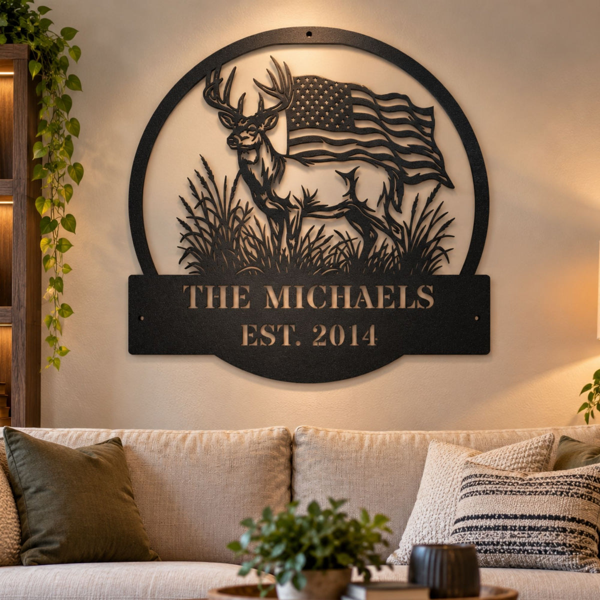 Personalized Deer and American Flag Metal Wall Art, Custom Buck Monogram Sign, Patriotic Wildlife Metal Decor, Hunting Cabin Decor, USA Flag Sign