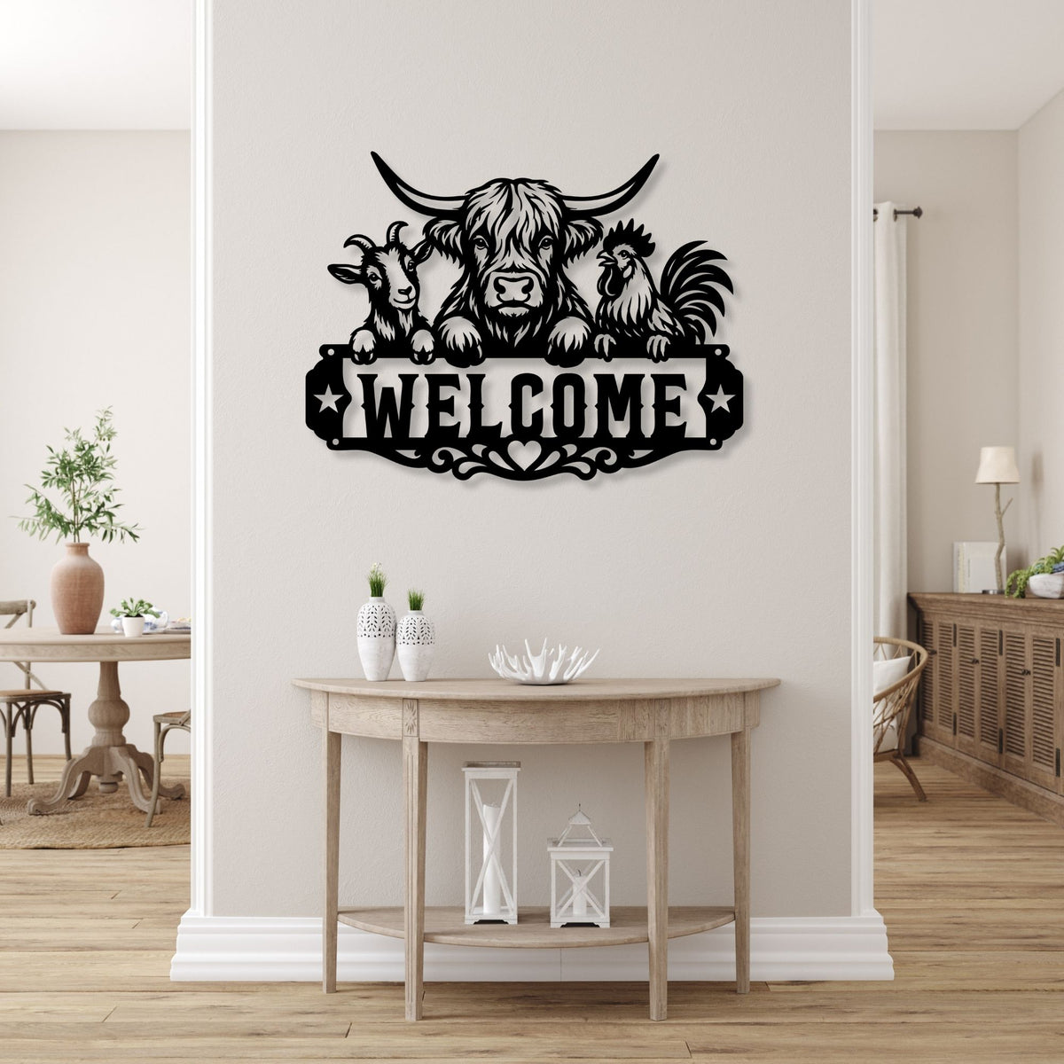 Rustic Farm Animal Welcome Metal Wall Art Highland Cow Goat Rooster Country Sign Farmhouse Entryway Decor
