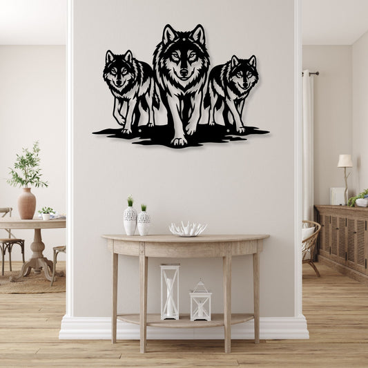 Three Wolf Metal Wall Art | Wolf Silhouette Wall Decor | Majestic Wildlife Metal Sign | Rustic Cabin Forest Decor | Gift for Animal Lovers