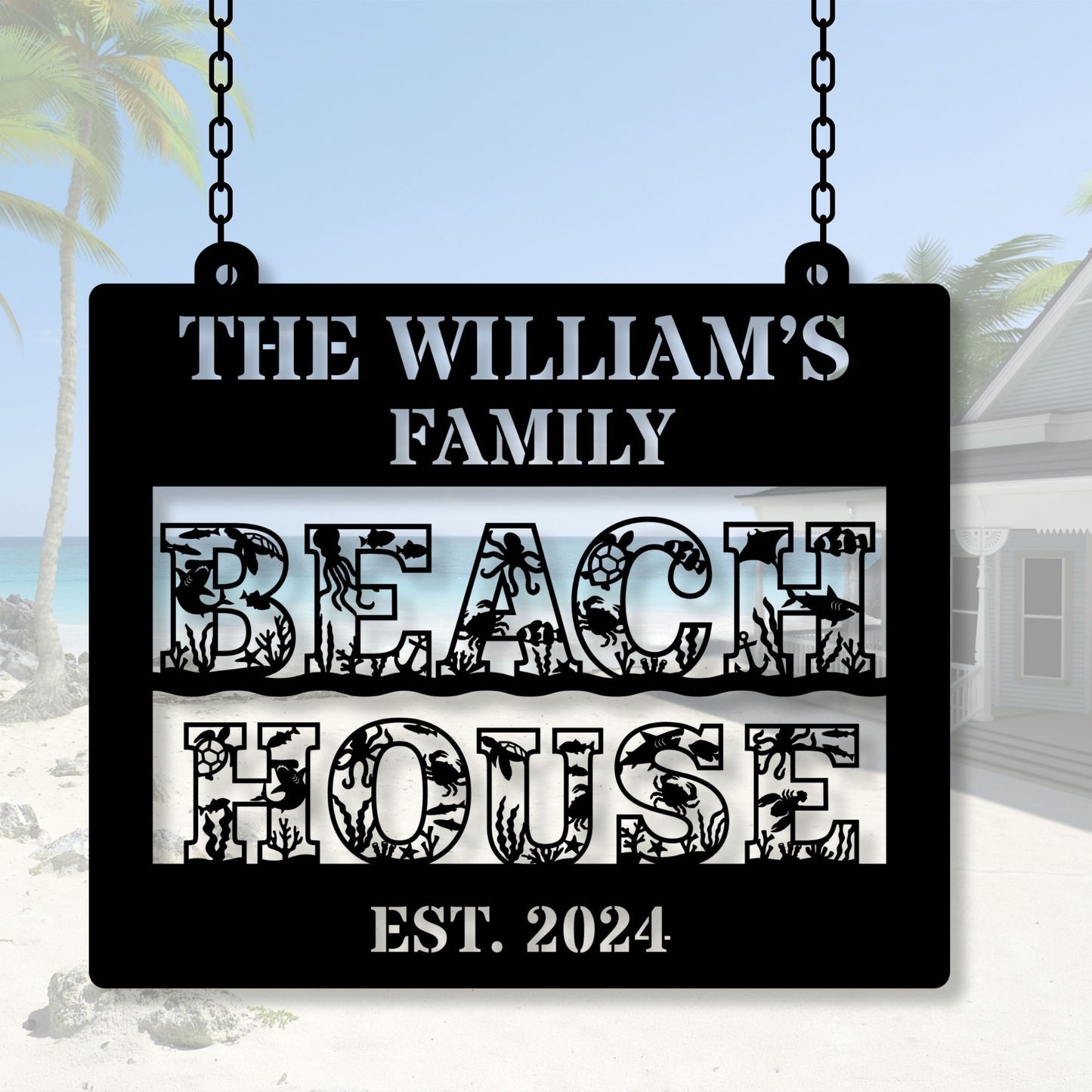 Personalized Family beach house metal sign, Custom beach decor, coastal home wall art