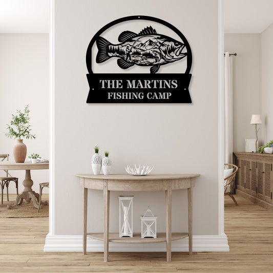 Custom Fish Wall Art, Personalized Mountain Landscape Metal Sign, Outdoor River Decor, Cabin Welcome Sign, Last Name Metal Sign, Lake House