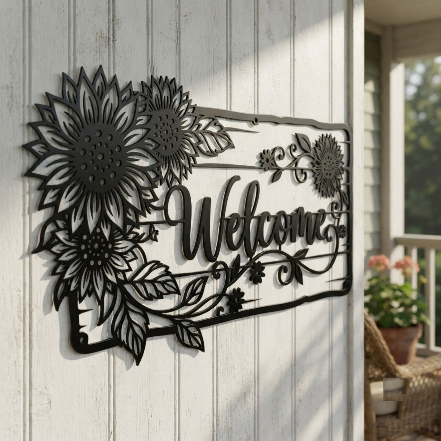 Sunflower Welcome Metal Sign, rustic outdoor wall decor, black steel patio signage