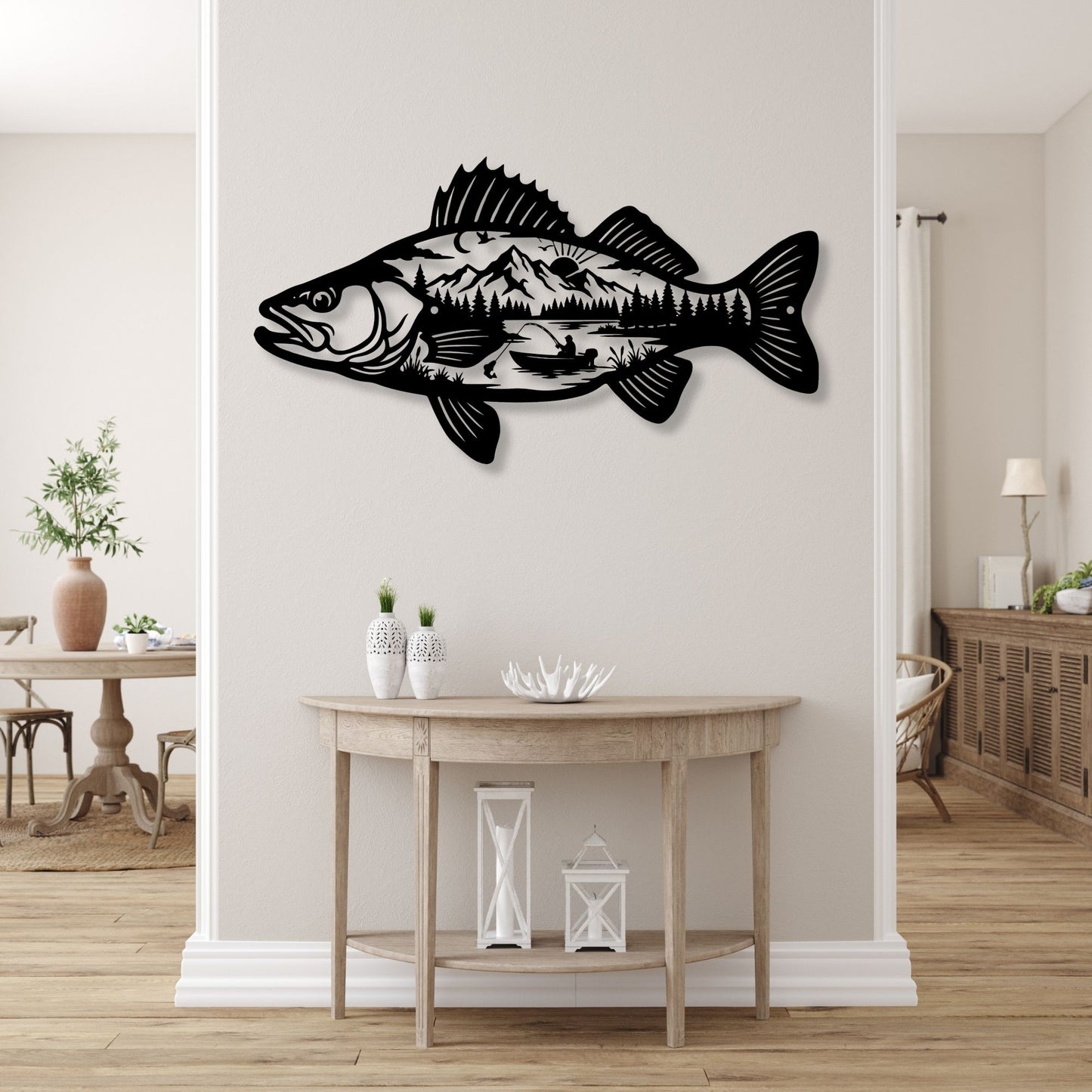 Metal Fish Wall Art Mountain Scene, Fisherman Gift for Men, Lake House Decor, Bass Metal Sign, Cabin Wall Art, Outdoorsman Gift for Dad