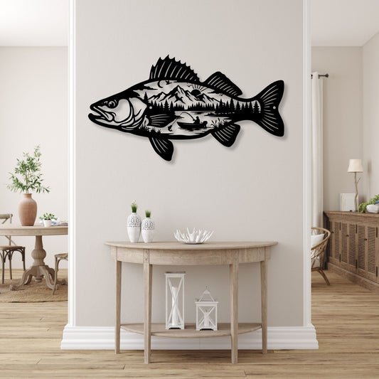 Metal Fish Wall Art Mountain Scene, Fisherman Gift for Men, Lake House Decor, Bass Metal Sign, Cabin Wall Art, Outdoorsman Gift for Dad