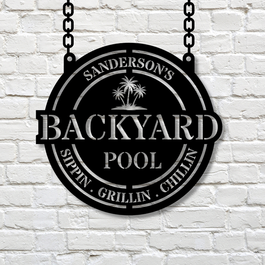 Personalized Pool Metal Sign, Outdoor Pool Decor, Custom Backyard Bar Sign, Poolside Oasis Metal Sign, Backyard Oasis Decor