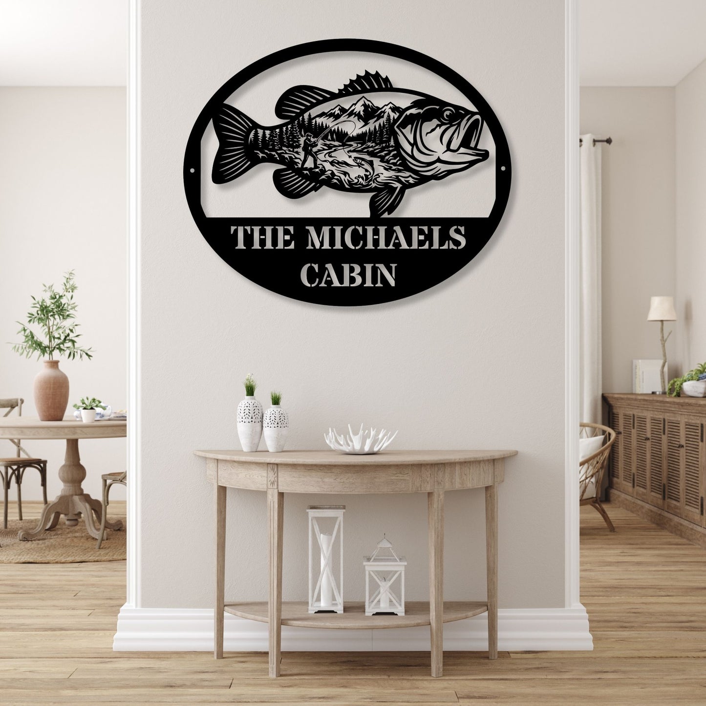 Personalized Fish Metal Wall Art Mountain Landscape Decor, Custom Family Name Sign, Lake House Decor, Fisherman Gift, Cabin Metal Sign