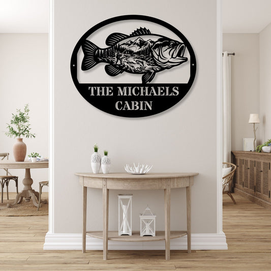 Personalized Fish Metal Wall Art Mountain Landscape Decor, Custom Family Name Sign, Lake House Decor, Fisherman Gift, Cabin Metal Sign