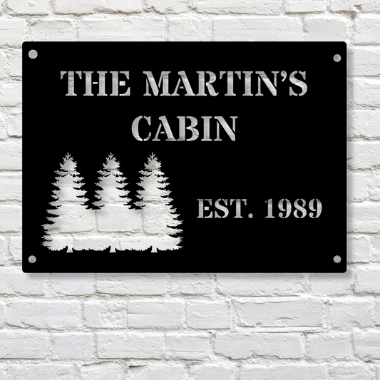 Personalized Metal Cabin Name Sign, Family Name Sign, Custom Pine Tree Sign, Farmhouse Gift, Rustic Mountain House Decor