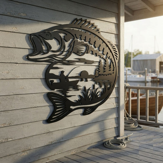 Bass Fishing Metal Wall Art, rustic lake house decor, outdoor cabin sign