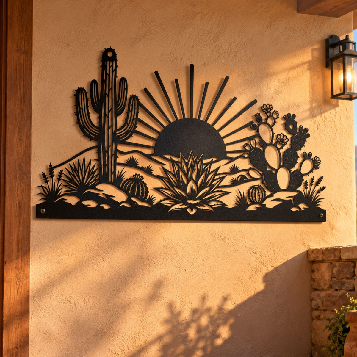 Desert Sunrise Metal Wall Art, Cactus Scene Sign, Southwestern Home Decor, Rustic Mountain & Sun Metal Wall Decor, Boho Outdoor Patio Sign