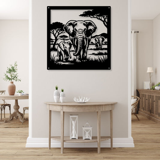 African Elephant Metal Art, Safari Wildlife Wall Decor, Serengeti Landscape Sign, Housewarming Gift for Nature Lovers, Geometric Elephant