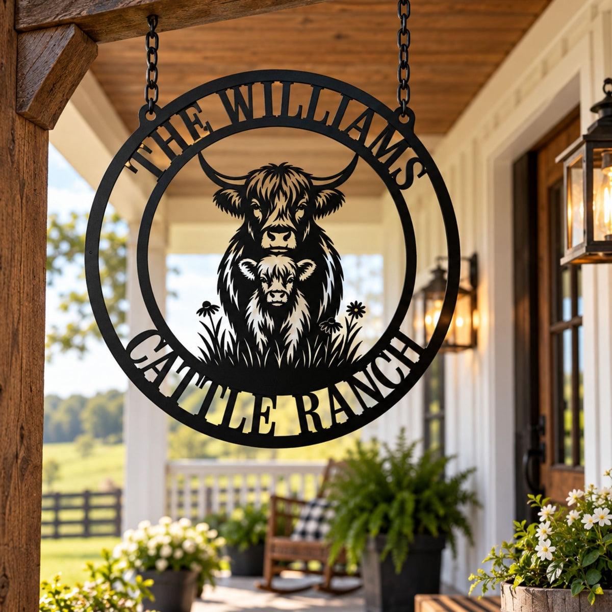 Personalized Highland Cattle Ranch Metal Wall Art, Custom Highland Cow Sign, Farmhouse Monogram Decor, Rustic Livestock Ranch Metal Decor