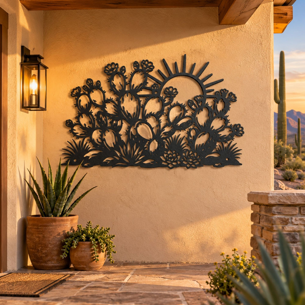 Metal Cactus Sunrise Wall Decor, Prickly Pear Desert Landscape Silhouette, Southwestern Backyard Patio Art, Modern Steel Wall Hanging