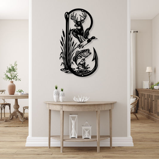 Metal Fishing Hook Sign, Man Cave Wall Decor, Gift for Dad, Fishing Enthusiast Gift, Garage Metal Art, Outdoor Patio Decor, Hunter Gift