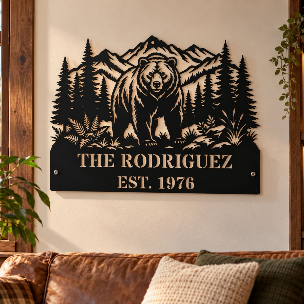 Personalized Bear and Mountain Nature Metal Wall Art, Custom Family Name Cabin Sign, Rustic Steel Wall Decor, Mountain Forest Monogram