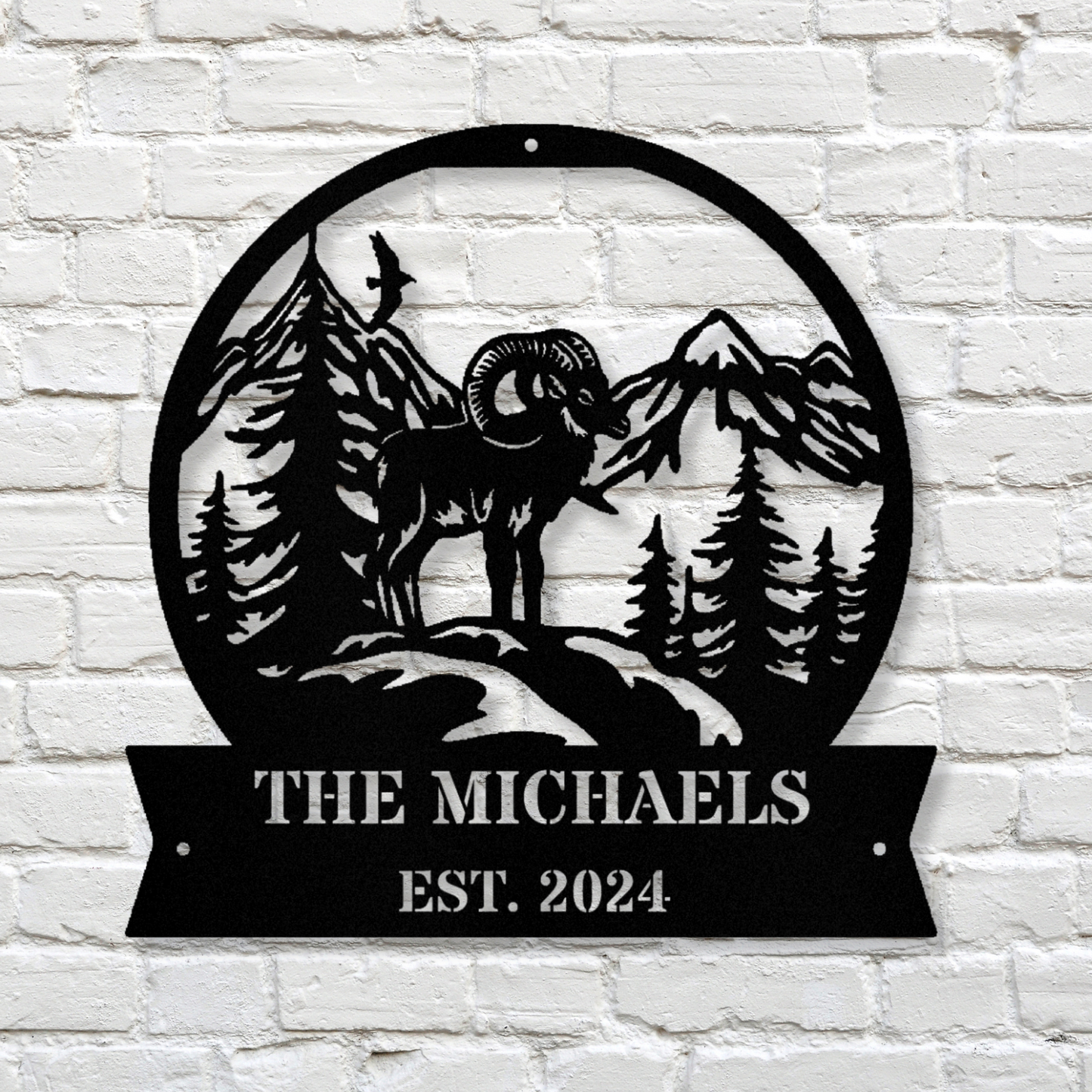 Custom Bighorn Goat Metal Sign, Mountain Cabin Metal Sign, Last Name Sign, Address Sign, Mountain Goat Wall Decor, Housewarming Gift