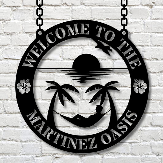 Custom Poolside Metal Sign, Personalized Outdoor Patio Decor, Garden and Palm Tree Sign, Housewarming Gift