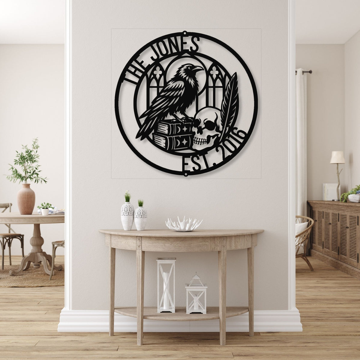 Personalized Raven, Skull, and Quill Metal Wall Art with Gothic Window Frame