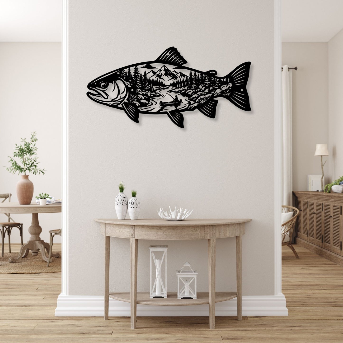 Fish Metal Wall Art Mountain Landscape Decor, Lake House Signs, Fisherman Gift, Cabin Wall Decor, Outdoor Nature Metal Signs, River Art