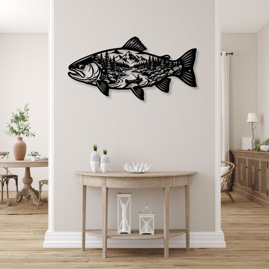 Fish Metal Wall Art Mountain Landscape Decor, Lake House Signs, Fisherman Gift, Cabin Wall Decor, Outdoor Nature Metal Signs, River Art