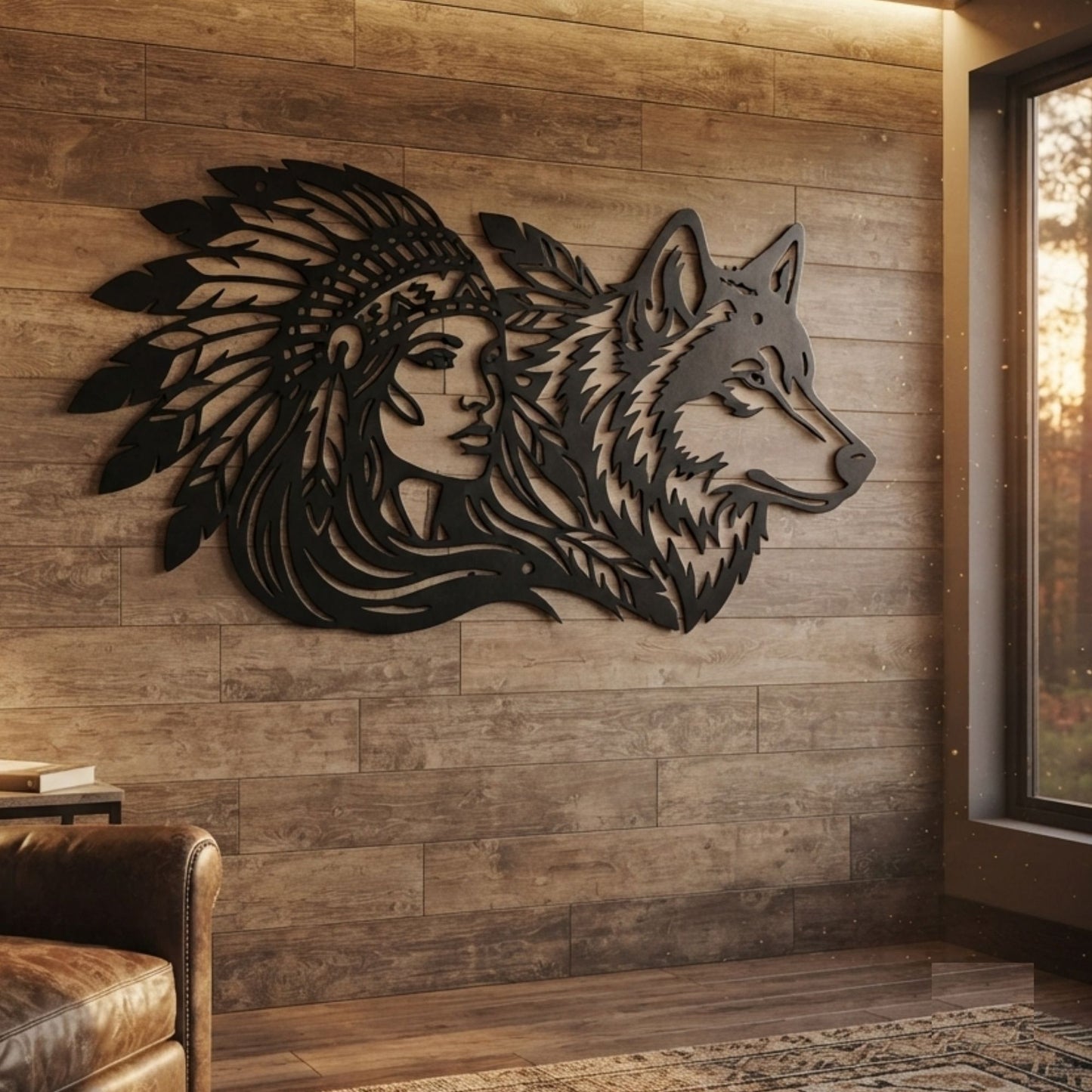 Native American Chief and Wolf Metal Wall Art